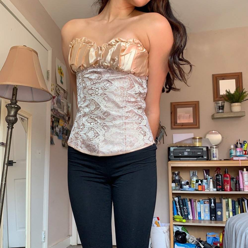 Beige Rouched Cups Brocade Overbust Corset